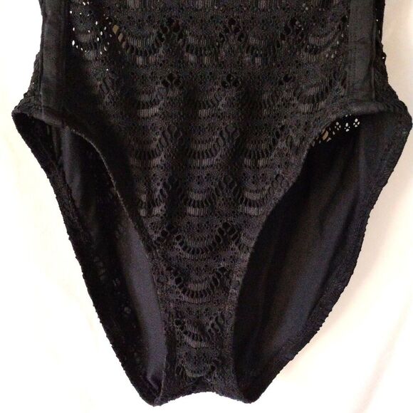 Jantzen Swim Bathing Suit Black Crochet Lace Bikini Strapless Hi Cut One Piece L - Picture 6 of 14